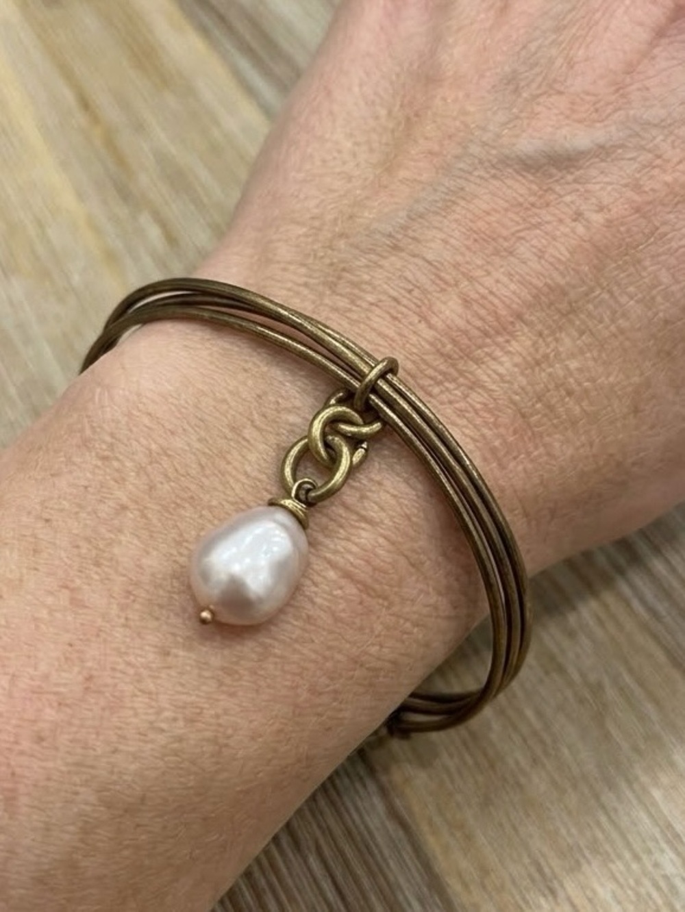 Bronze Multi-Strand Bangle Bracelet with Baroque Freshwater Pearl Dangle Charm